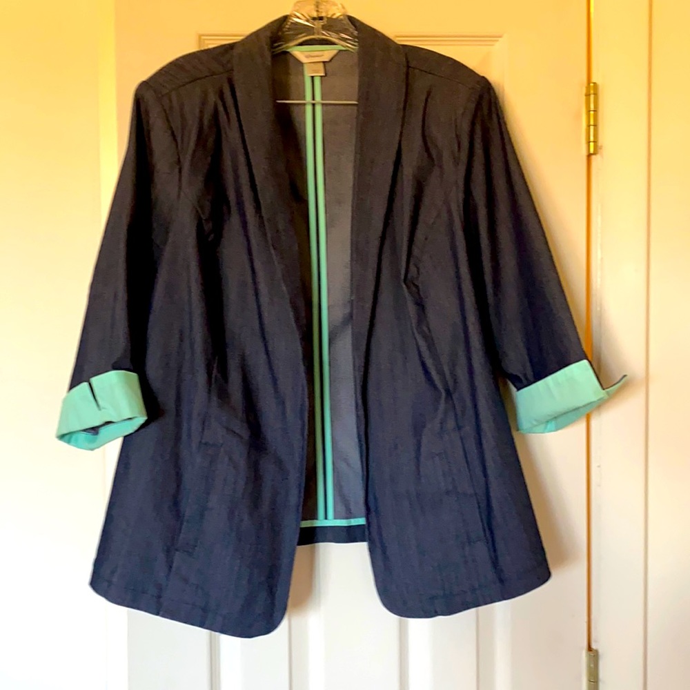 Denim blazer, 3/4 sleeves with mint accent on cuffs